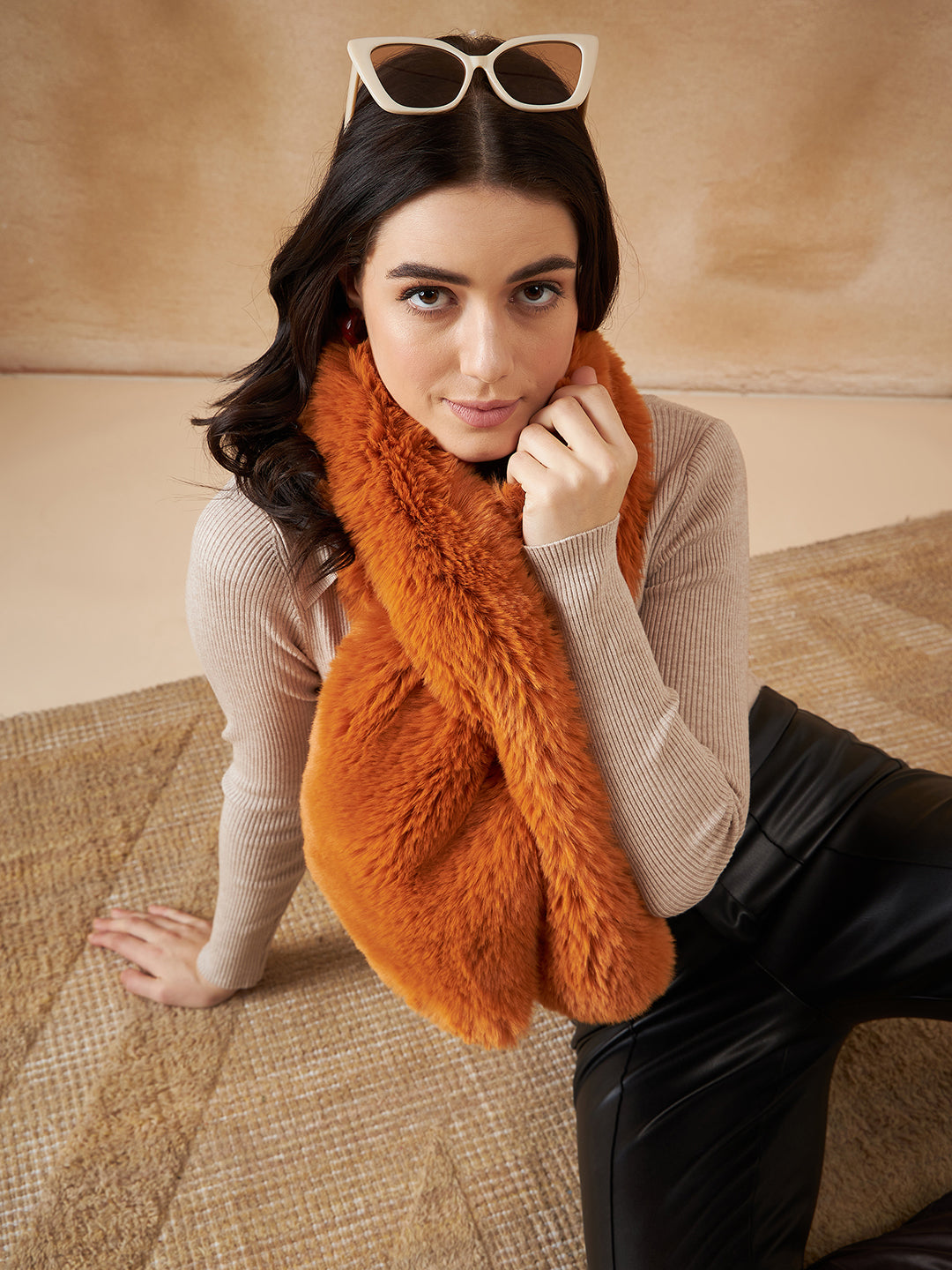 InWeave Women's Carrot Orange Faux Fur Neck Warmer - Swadesiicart