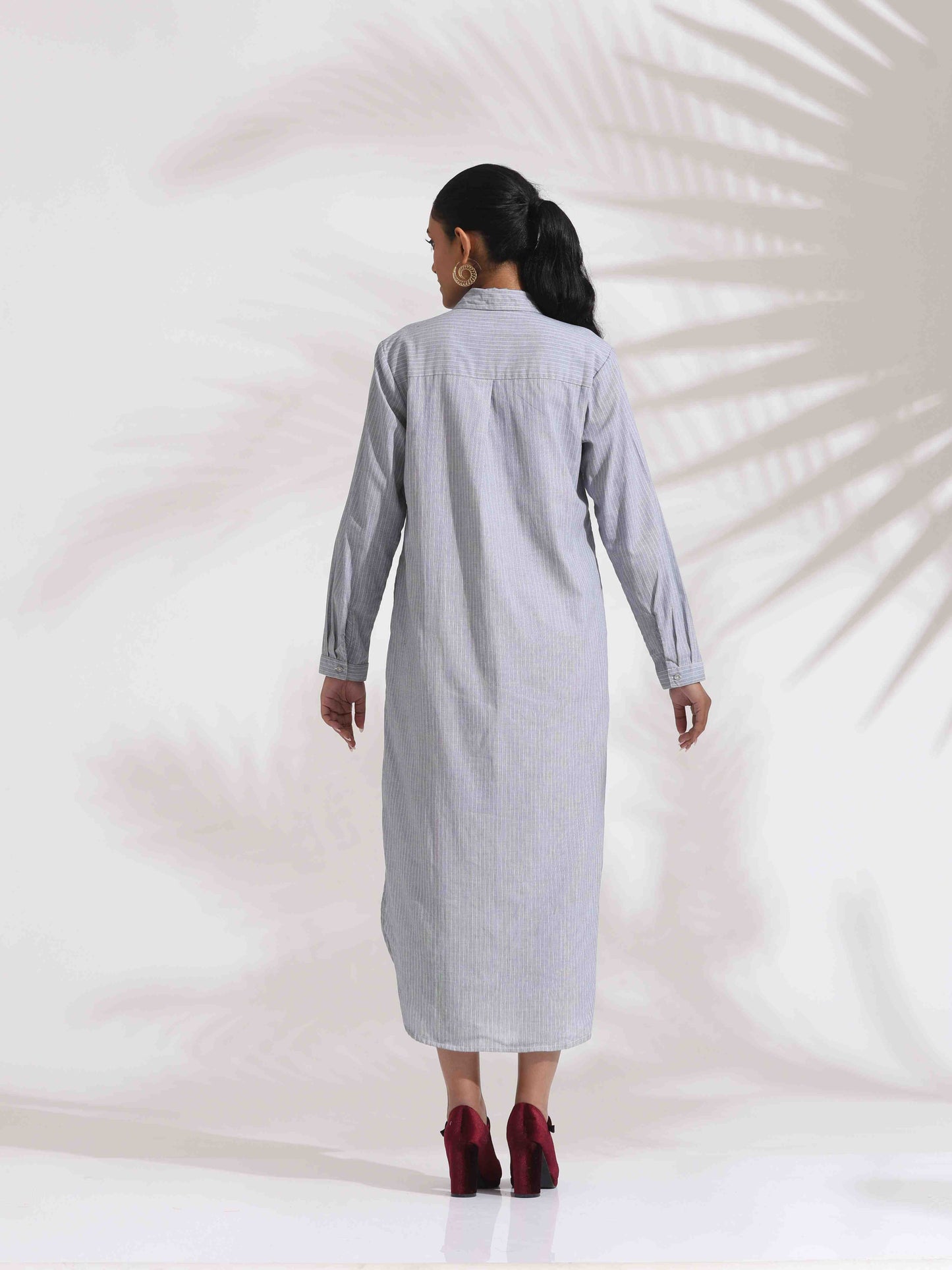 trueBrowns Grey Stripe Cotton Shirt Dress | Swadesiicart