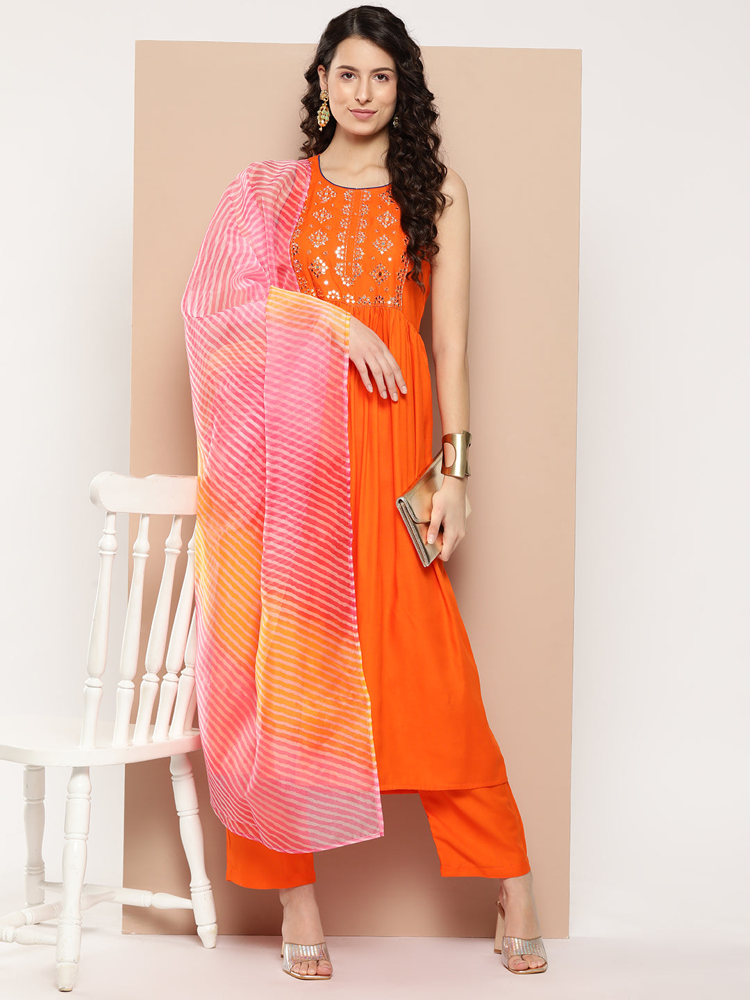 InWeave Women's Orange Mirror Work Aline Strappy Kurta Set W Pink Yellow Leh Dupatta - Swadesiicart