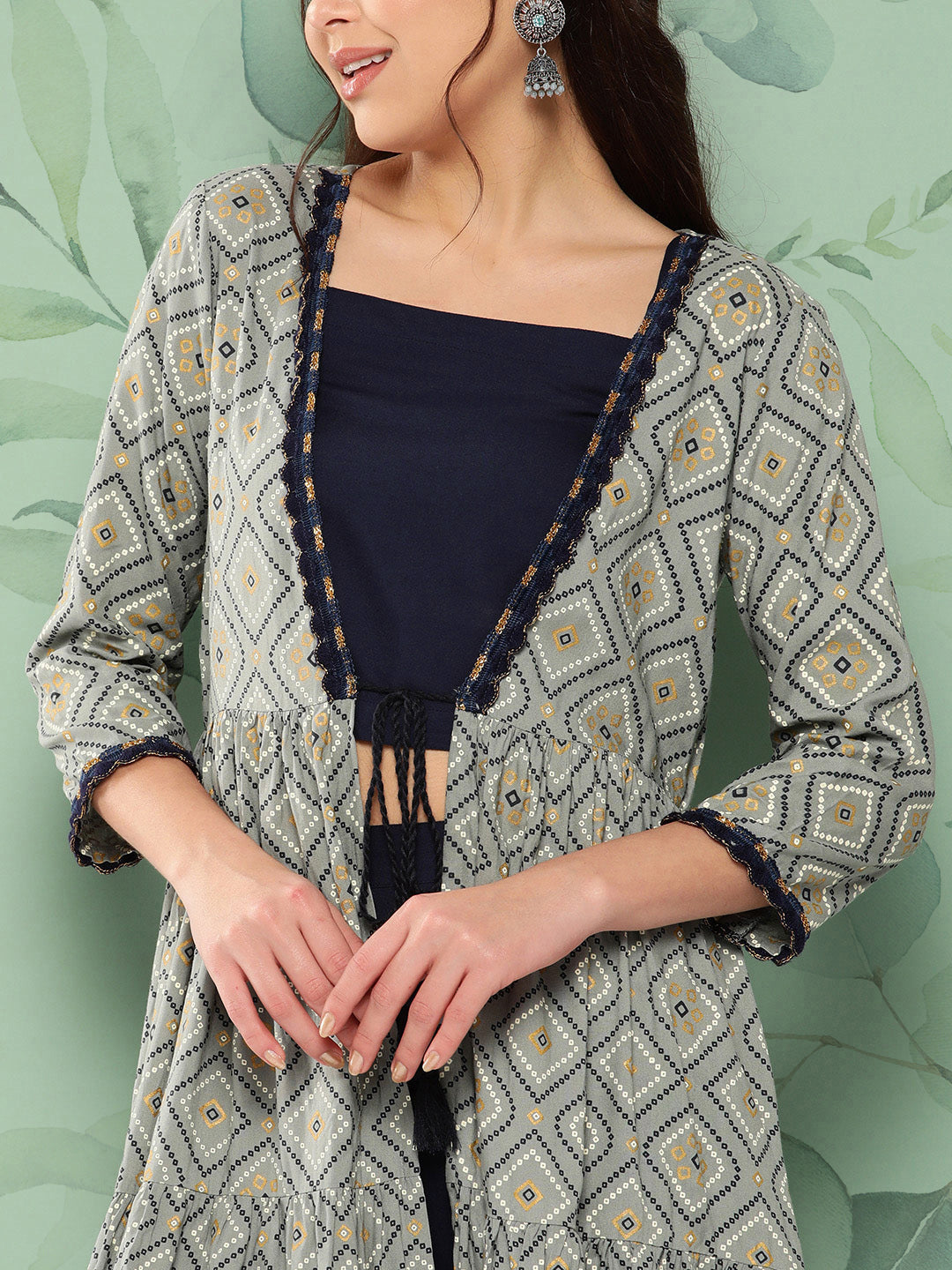 InWeave Women's Navy Top Bottom W Grey Bandhej Long Shrug Set - Swadesiicart