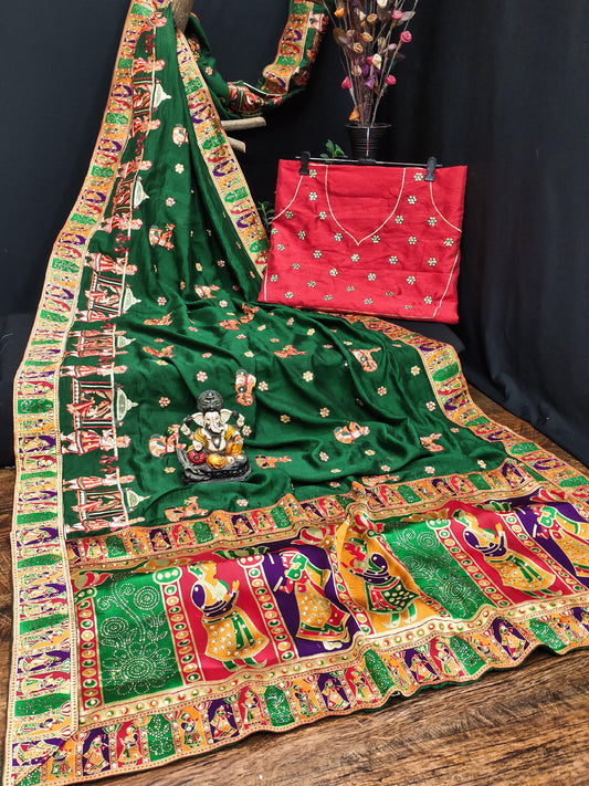 Lorenvalley Fashion Premium Green Vichitra Silk Embroidery and Diamond work Both Side Saree - Swadesiicart