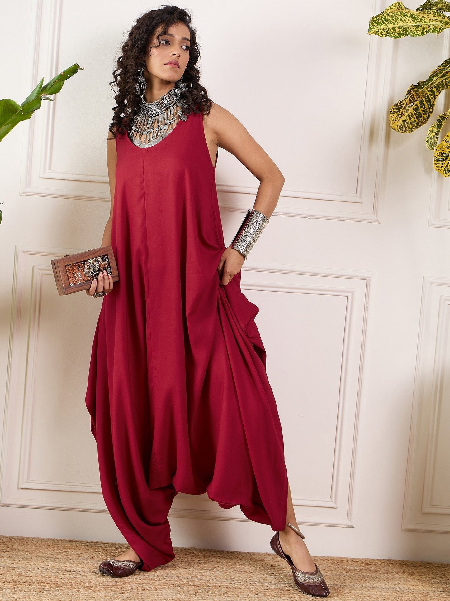 InWeave Maroon Round Sleeveless Jumpsuit - Swadesiicart