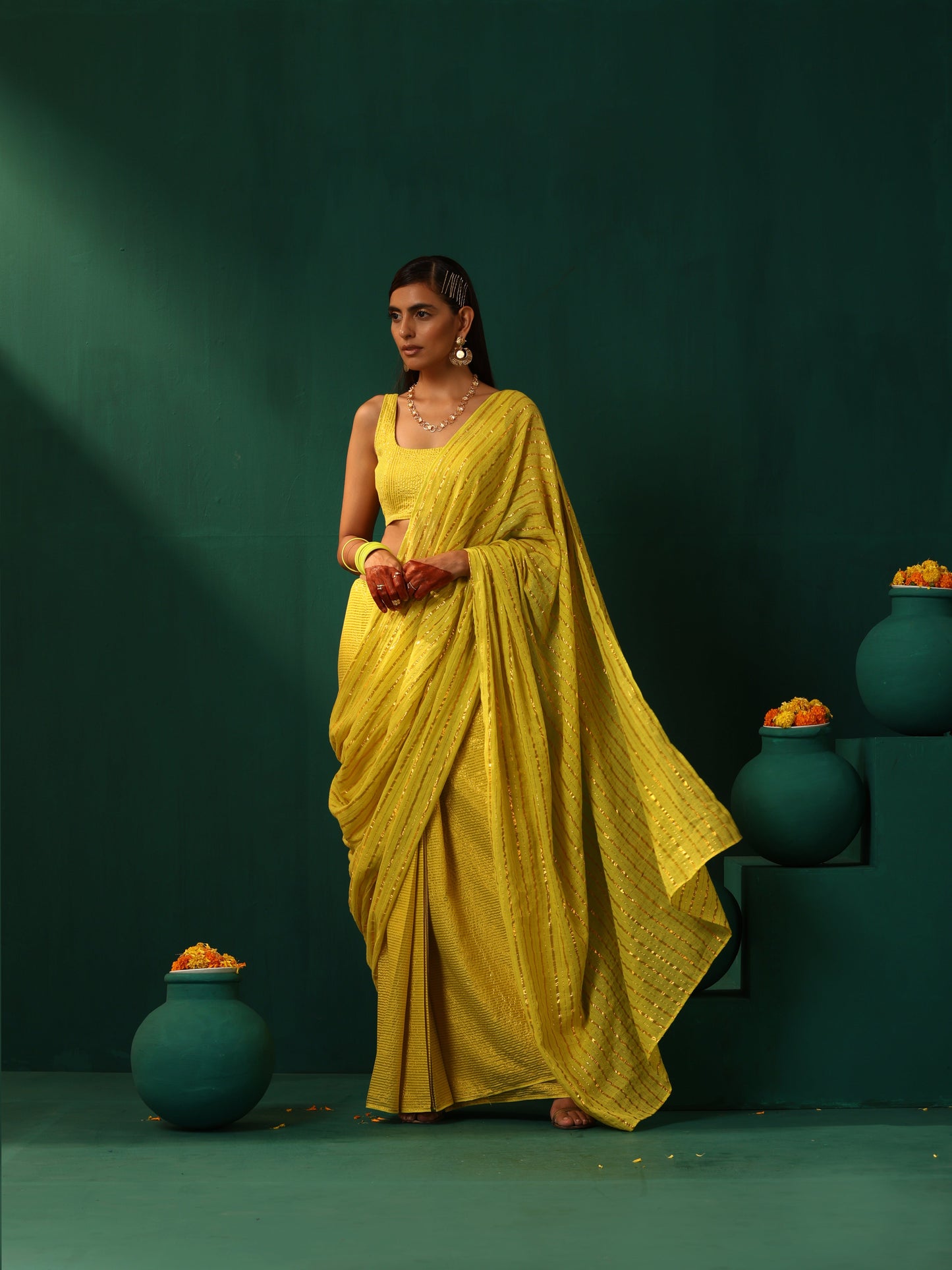 trueBrowns Lime Cotton Gold Lurex Striped Ready to Wear Saree | Swadesiicart