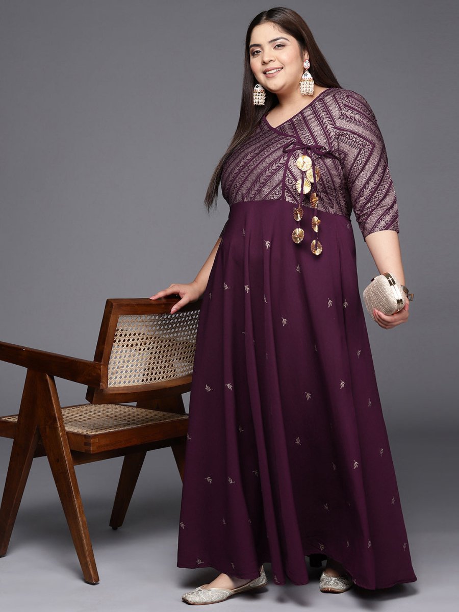 Ahalyaa Plus Size V-neck Maxi Ethnic Dress | Swadesiicart