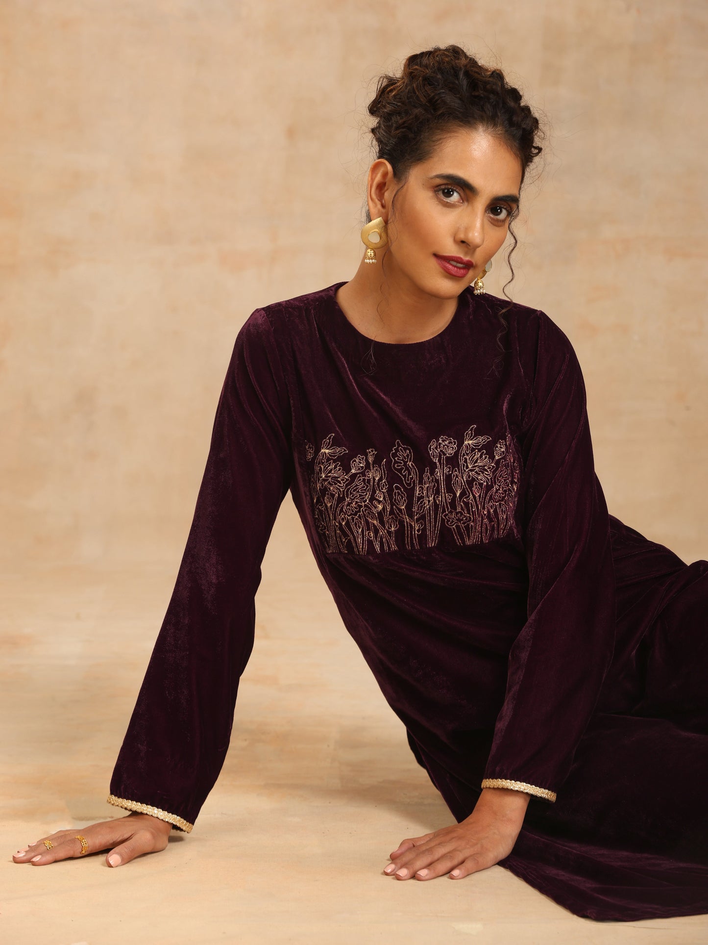 trueBrowns Wine Velvet Yoke Embroidered Kurta | Swadesiicart