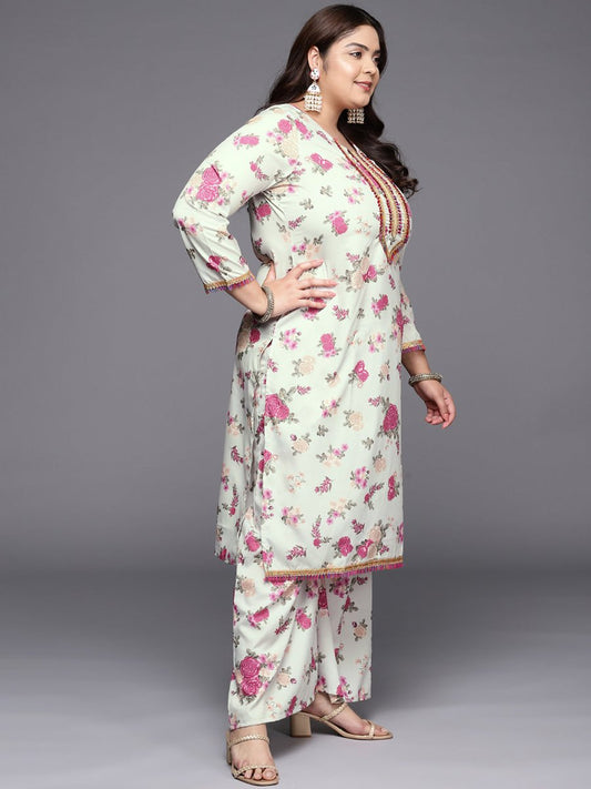 Ahalyaa Plus Size Floral Printed Zari Kurta with Palazzos & With Dupatta | Swadesiicart