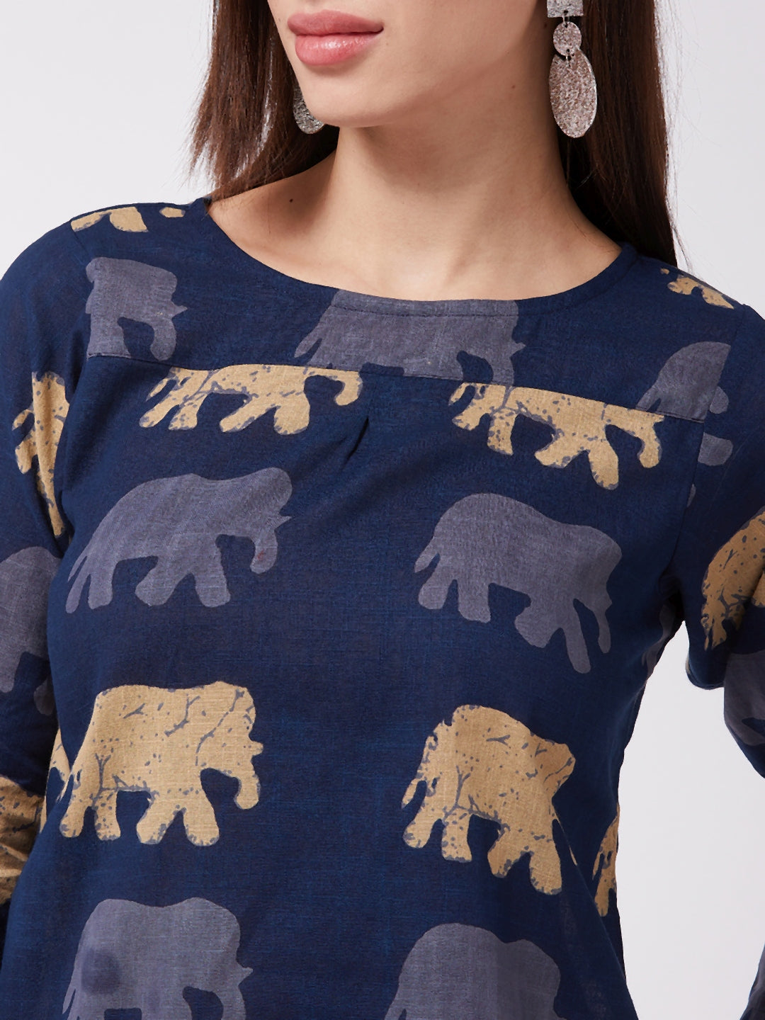 InWeave Elephant Print Blue Top - Swadesiicart