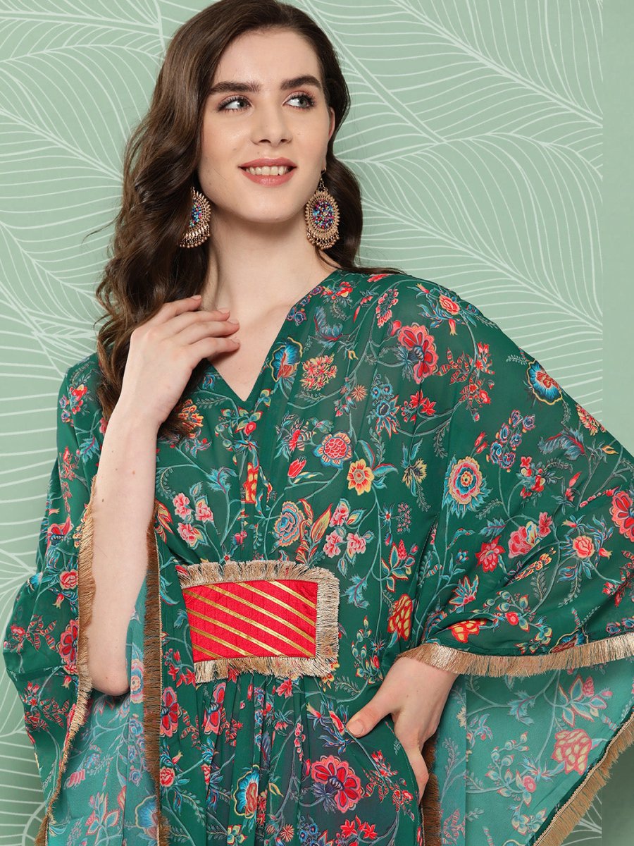 Ahalyaa Women Floral Printed Flared Sleeves Patchwork Georgette Kaftan Kurta | Swadesiicart