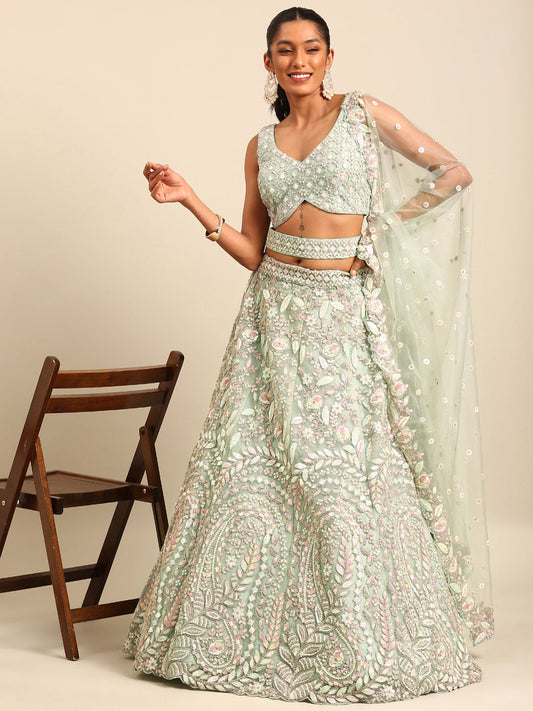 House of Panchhi Sea green Net Multi Sequins with heavy Zarkan embroidery Lehenga choli & Dupatta | Swadesiicart