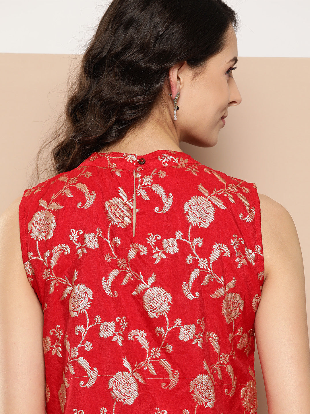 InWeave Women's Red Brocade Halter Top - Swadesiicart