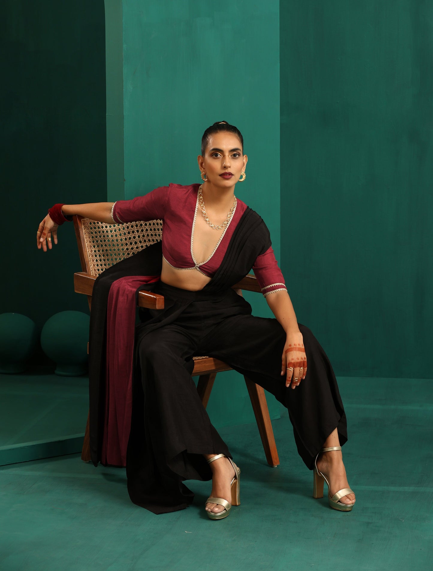 trueBrowns Black Silk Palazzo Stitched Saree | Swadesiicart