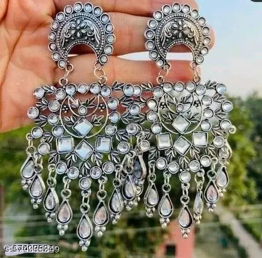 Tehzeeb Creations Women's Silver Colour Oxidised Earrings With Kundan | Swadesiicart