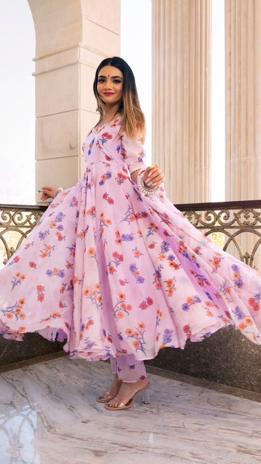 Pomcha Jaipur Lavender Gangaur Printed Organza Anarkali | Swadesiicart