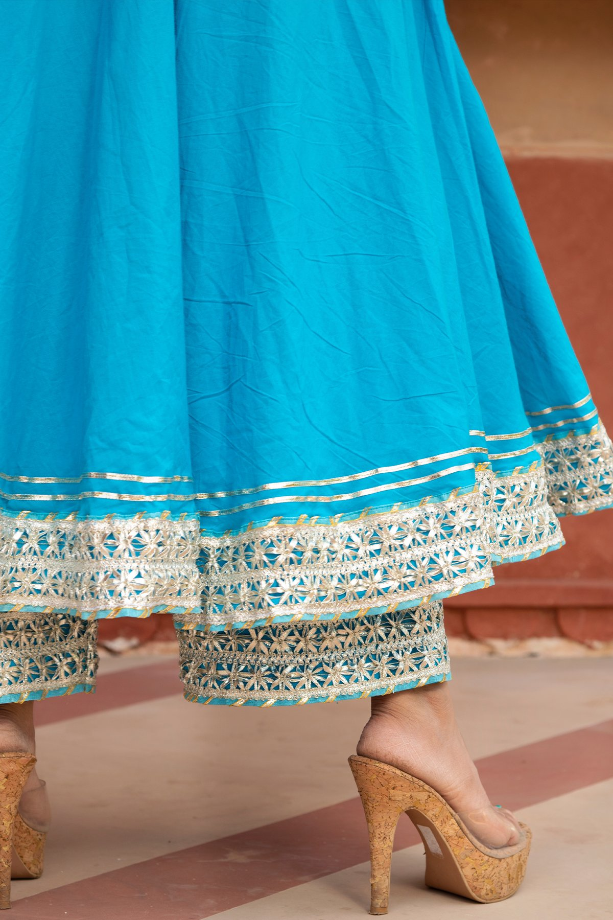 Pomcha Jaipur Kalamkari Blue Pure Cotton Anarkali Set | Swadesiicart