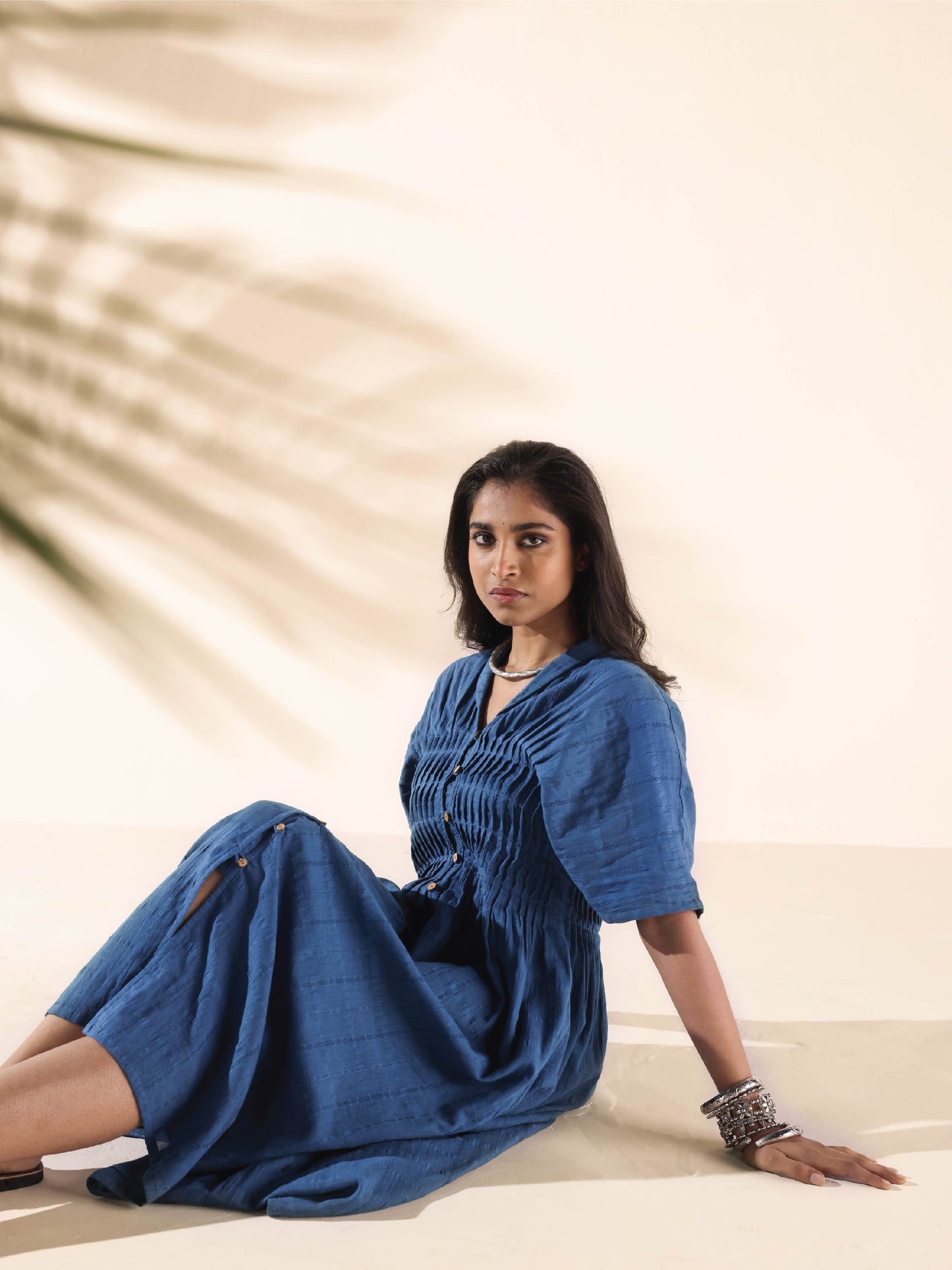trueBrowns Blue Cotton Dobby Dress | Swadesiicart