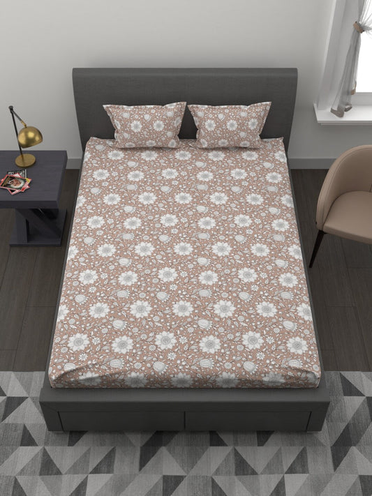 MYTRIDENT Brown White Ethnic Motifs 200 TC Cotton 1 King Bedsheet with 2 Pillow Covers - Swadesiicart