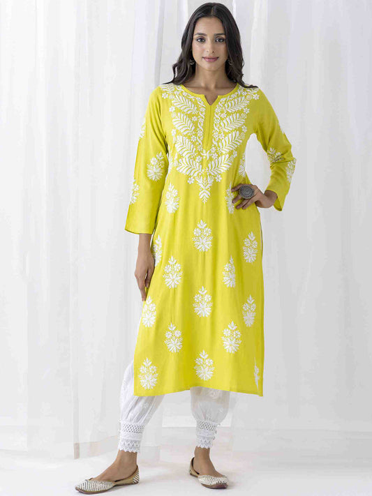 HOUSE OF KARI Floral Embroidered Chikankari Straight Kurta | Swadesiicart