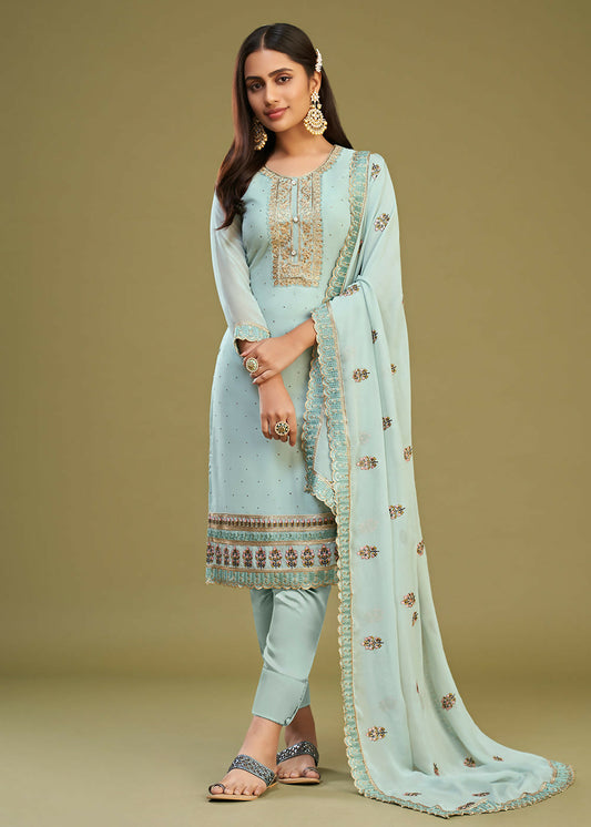 Ice Blue Swarovski Work & Embroidered Eid Wear Salwar Suit - Emponline | Swadesiicart