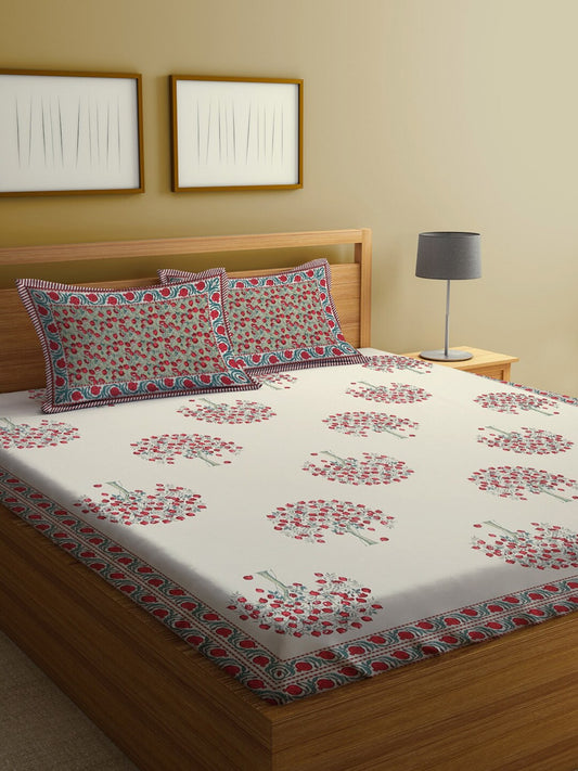 Rajasthan Decor Cream-Coloured Ethnic Motifs 144 TC Cotton King Bedsheet & 2 Pillow Covers - Swadesiicart