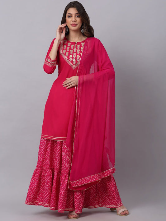 Kalini Women Pink Floral Embroidered Layered Gotta Patti Kurti with Sharara & With Dupatta | Swadesiicart