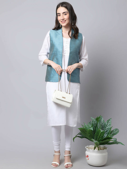 Even Apparels Blue Bansari Silk Open Front Gillet | Swadesiicart