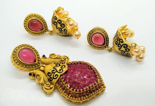 Pink Matt Finish Peacock Pendant Set | Swadesiicart