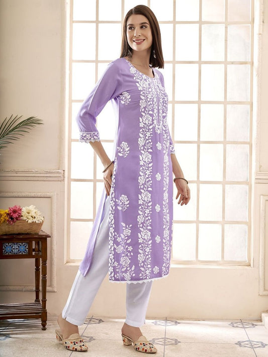Anouk Floral Embroidered Round Neck Chikankari Straight Kurta | Swadesiicart