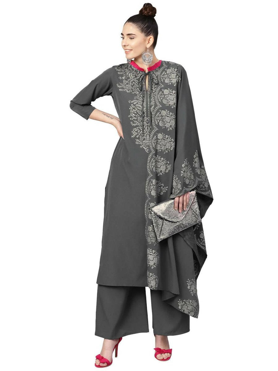 Ahalyaa Grey Crepe Printed Kurta Palazzo Set With Dupatta | Swadesiicart