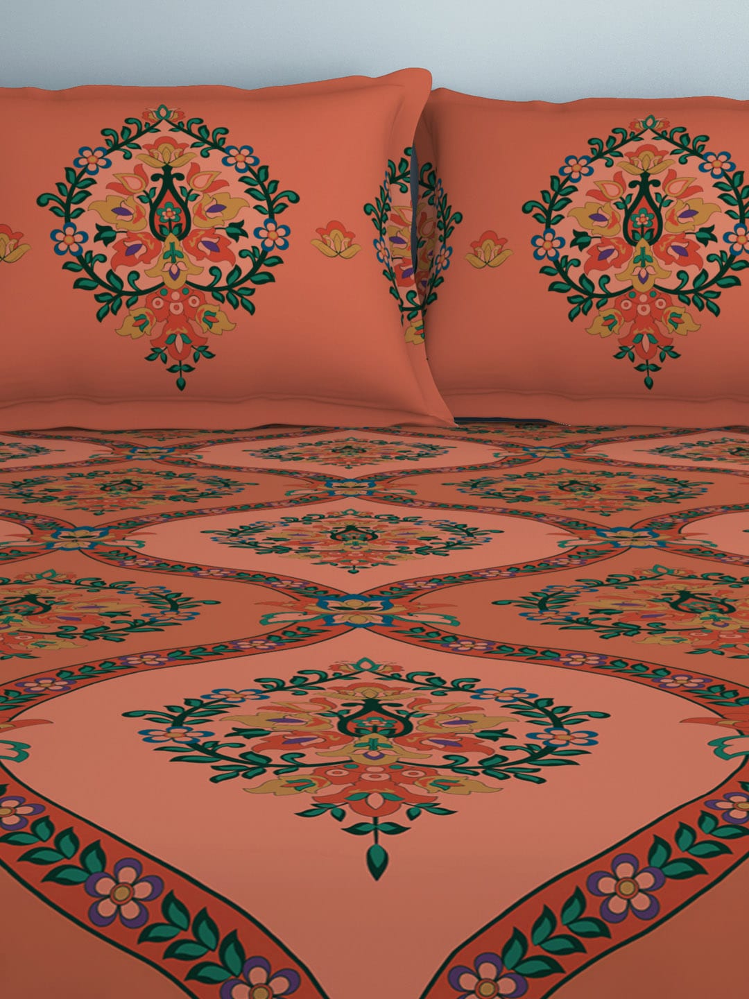 SPACES Aurum Peach Ethnic Motifs Pure Cotton 140 TC Queen Bedsheet with 2 Pillow Covers - Swadesiicart