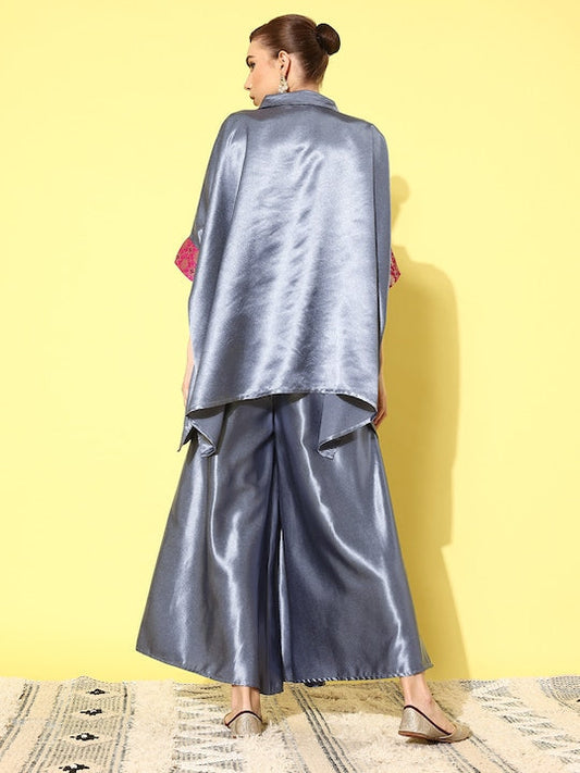 InWeave Women's Grey Pink Brocade Satin Boho Kurta Palazzo Set - Swadesiicart
