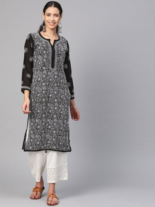 ADA Women Black & White Chikankari Hand Embroidered Semi-Sheer Straight Sustainable Handloom Kurta | Swadesiicart