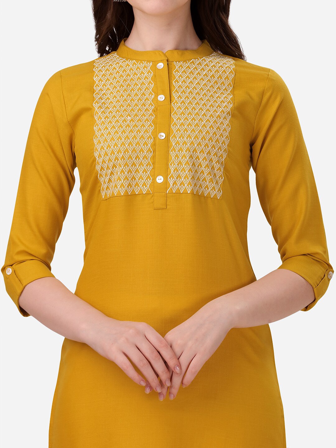 HERE&NOW Yoke Design Mandarin Collar Thread Work Cotton Kurta - Swadesiicart