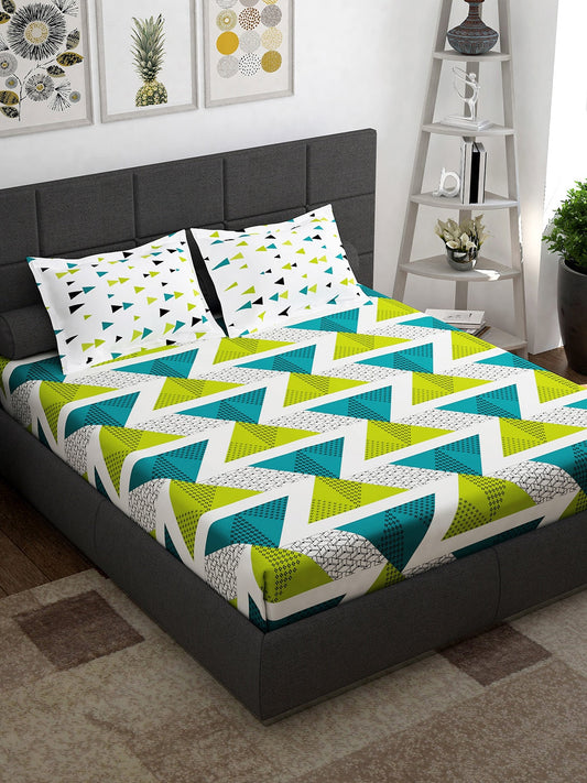 Story@home Ventura Green Geometric 152 TC Cotton Queen Bedsheet With 2 Pillow Covers
