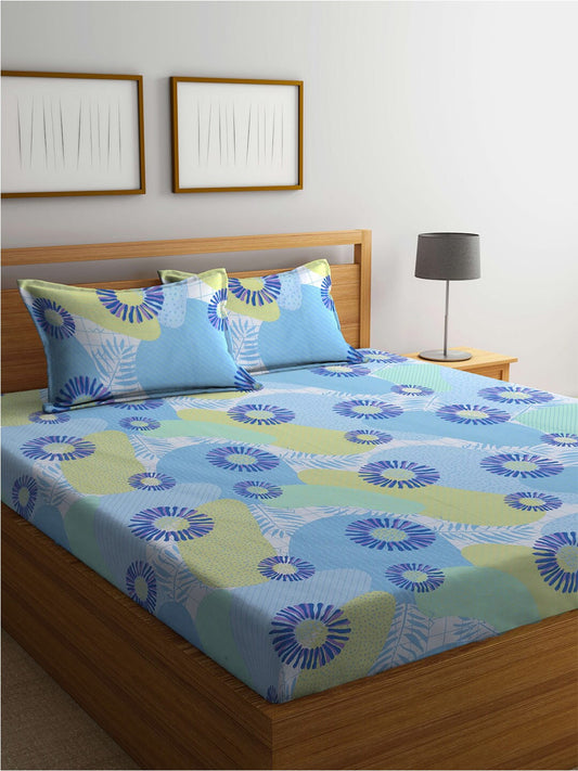 BOMBAY DYEING Serenita Blue Printed Cotton 144 TC King Bedsheet with 2 Pillow Covers - Swadesiicart