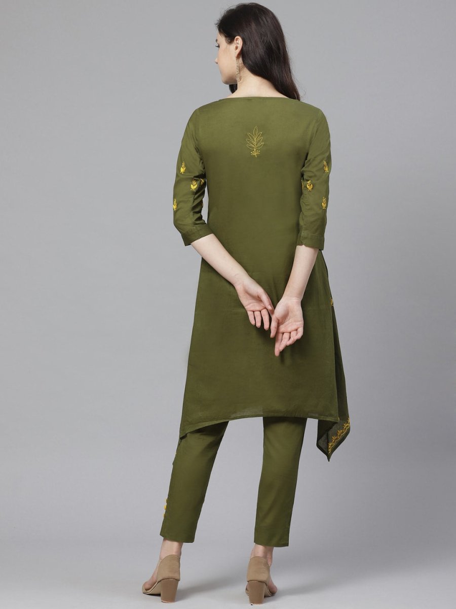 ADA Women Green & Yellow Chikankari Embroidered Sustainable Handloom Kurta with Trousers | Swadesiicart