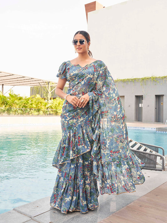 Tikhi Imli Floral printed ruffled saree | Swadesiicart