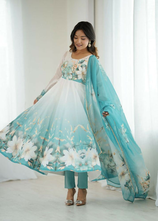 Joban Fashion Aqua Blue Kurta Set Organza Sequin Embroidery Work