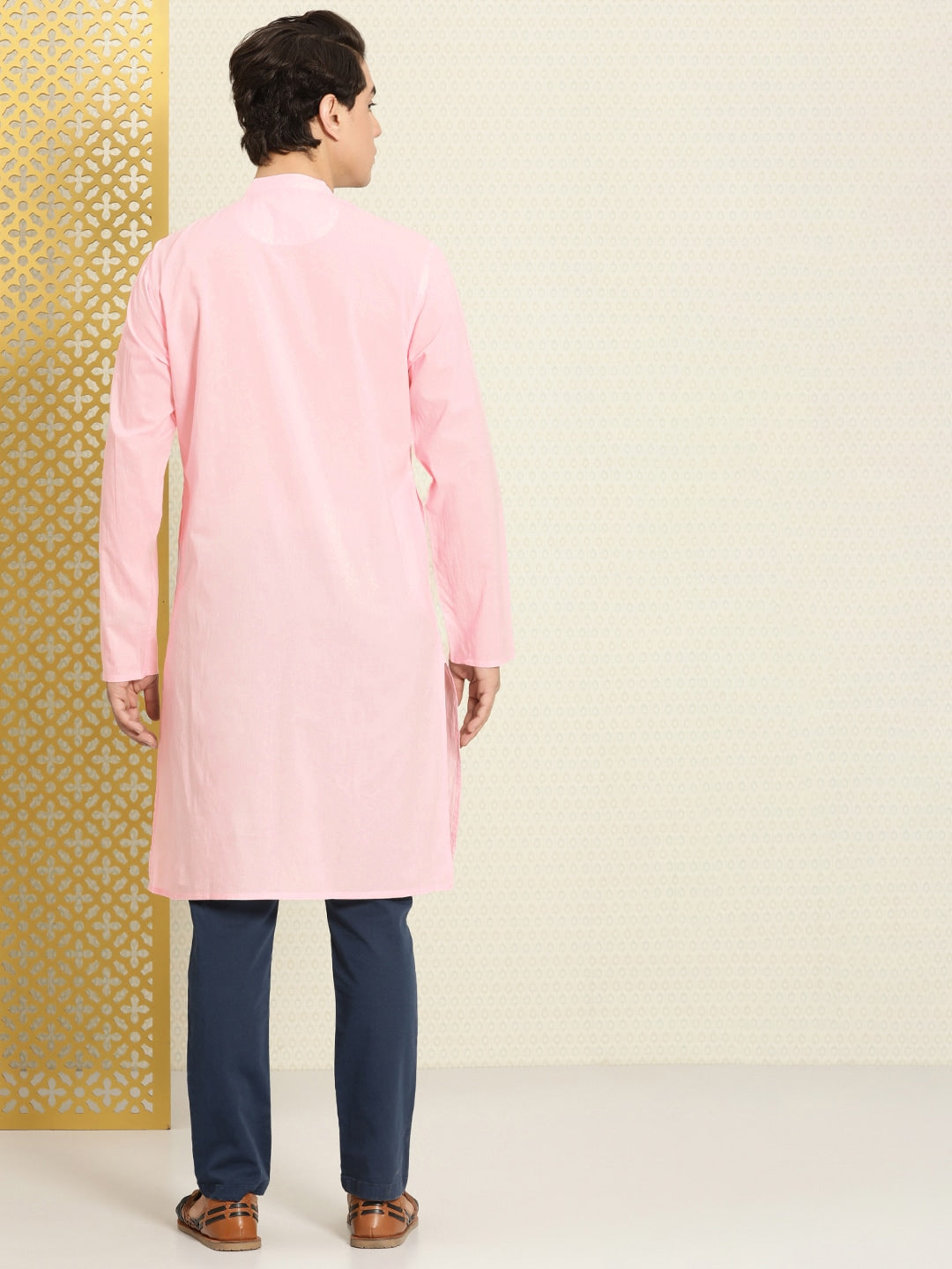 House of Pataudi Men Chikankari Yoke Design Pastels Pure Cotton Rozana Kurta | Swadesiicart