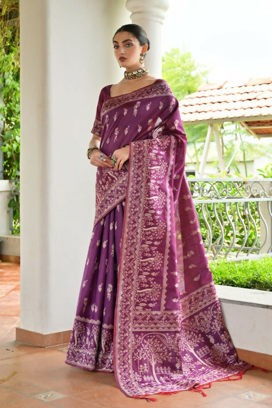 Vishnu Weaves Women's Wine Handloom Raw Silk Thread Weaving Saree with Blouse - Swadesiicart
