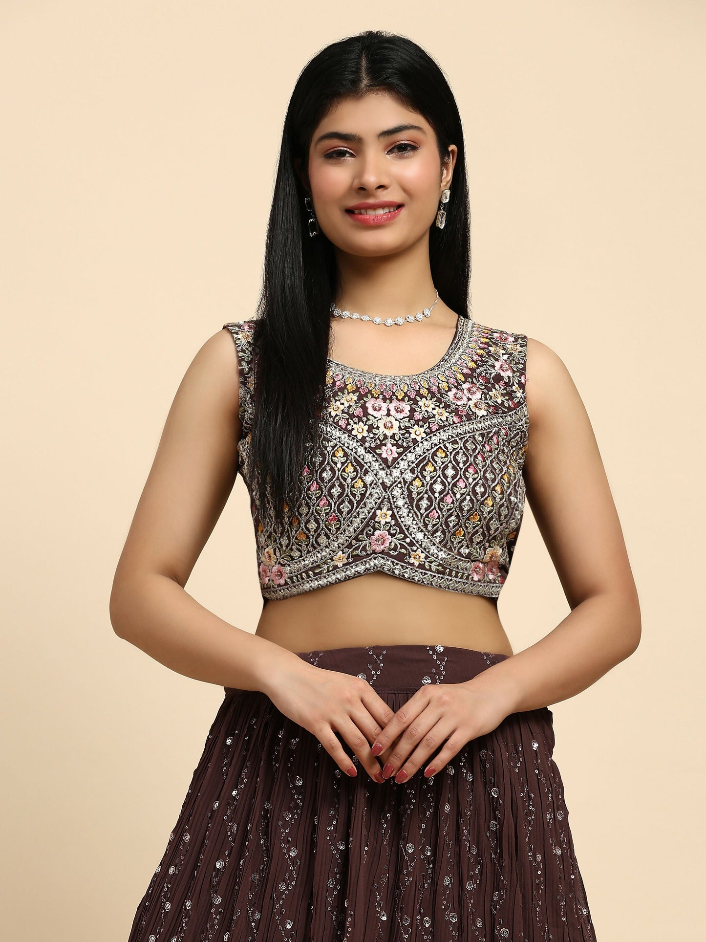 Brown Georgette Embroidered Lehenga choli with Dupatta - Dhara | Swadesiicart