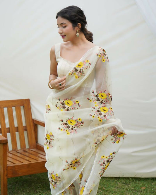 Vamsee Anamika Yellow (Anvika) Organza Silk Saree - Swadesiicart