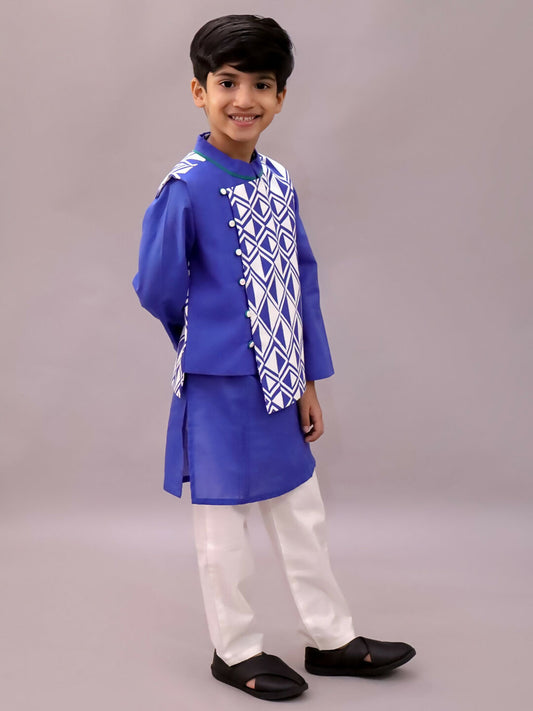 Lil Drama Shor-Gul Blue Kurta Pyjama with Jacket Set For Boys | Swadesiicart