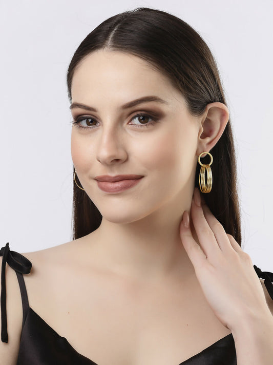 NVR Women Golden Linked Round Circle Attached Drop Earrings - NR Retail-NVR