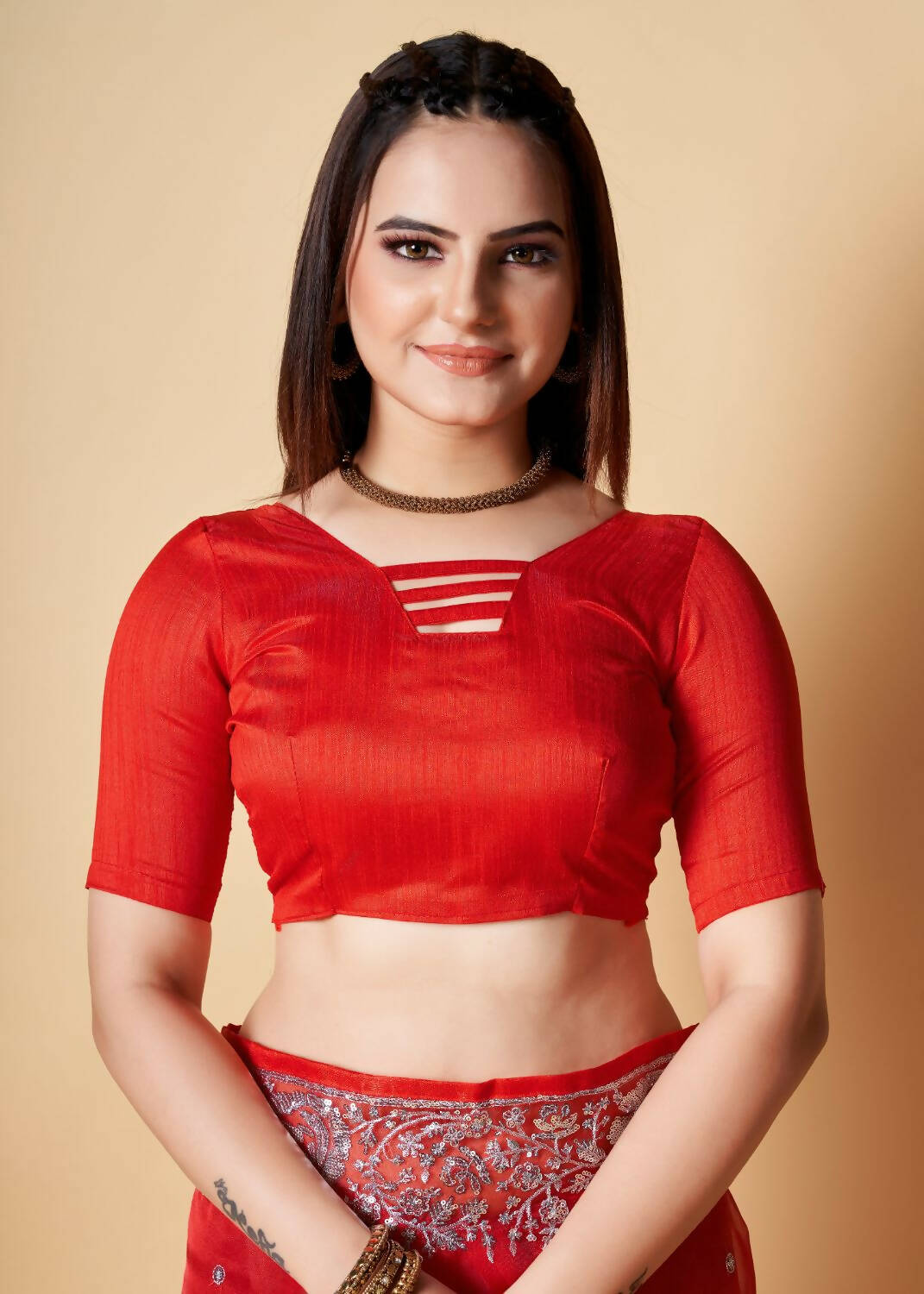 Vamsee Red Organza Saree - Swadesiicart