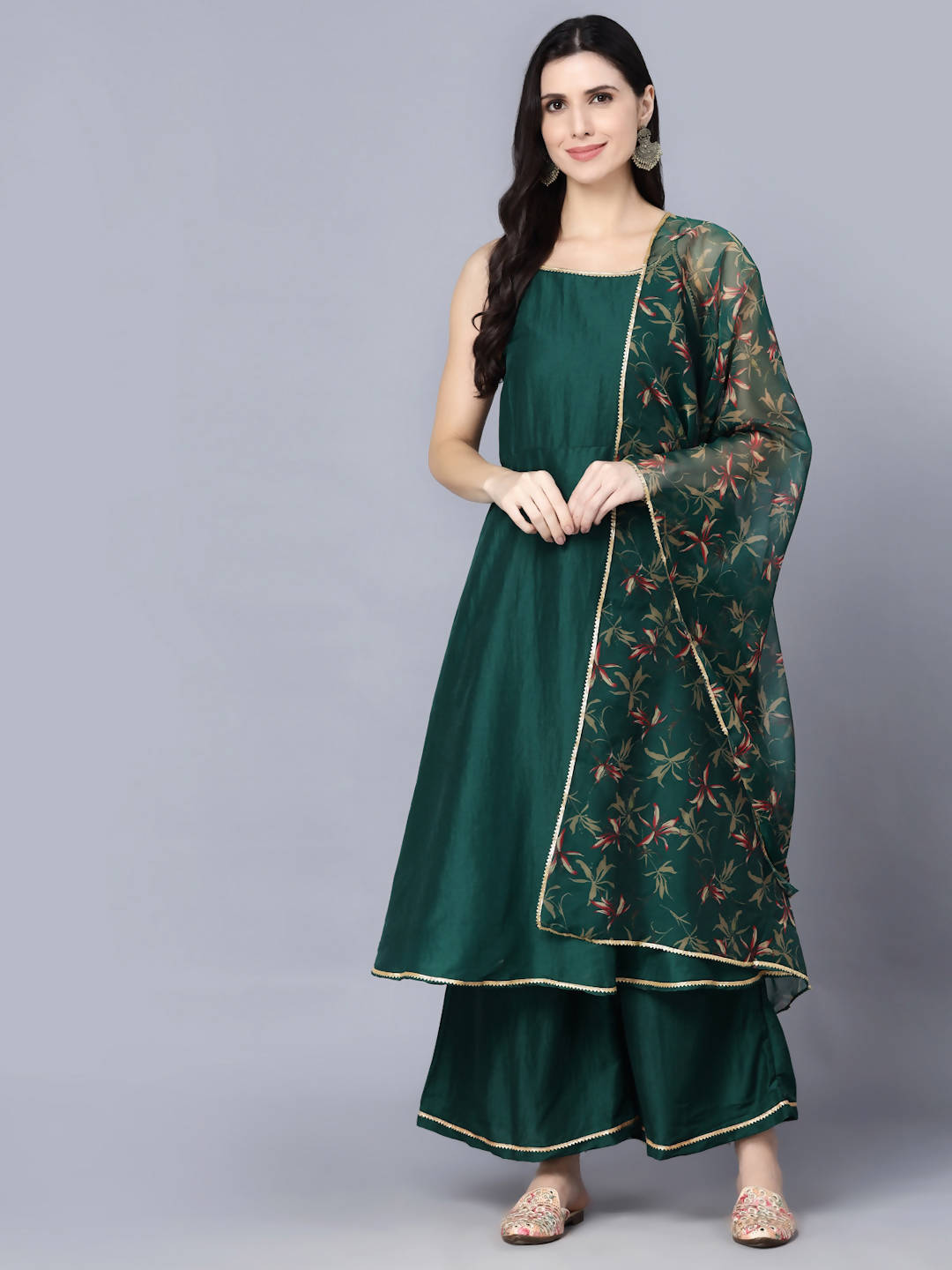 Myshka Women Green Ethnic Motifs Yoke Design Panelled Kurti with Sharara With Dupatta | Swadesiicart