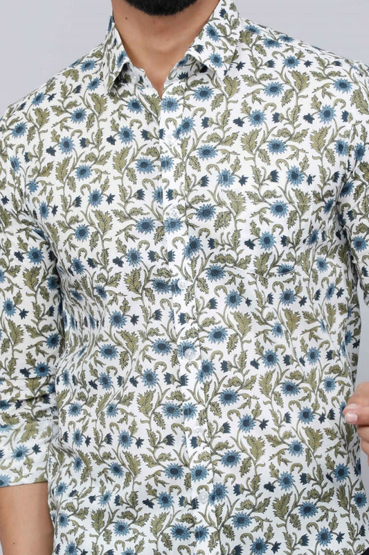 Miravan Men's White & Blue Floral Print Cotton Regular Fit Shirt | Swadesiicart