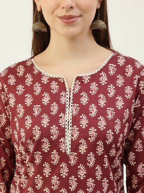 FIORRA Women's Maroon Cotton Straight Kurta Pant With Dupatta - Swadesiicart