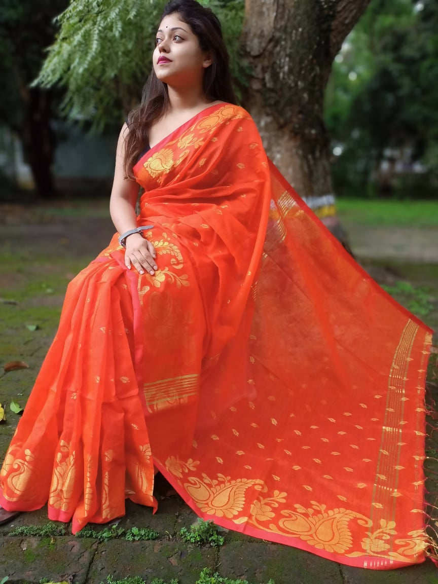 Exclusive Collection Orange Beautiful Cotton Silk Saree - Swadesiicart