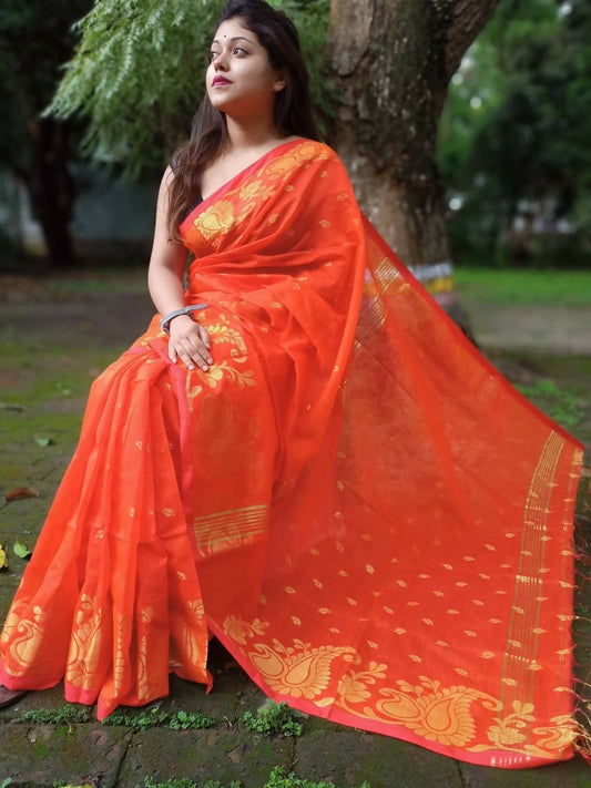 Exclusive Collection Orange Beautiful Cotton Silk Saree - Swadesiicart