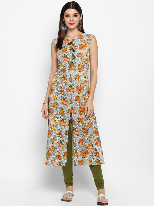 NOZ2TOZ Women's Mustard & Grey Floral Printed Kurta- (1pc set) - Noz2Toz
